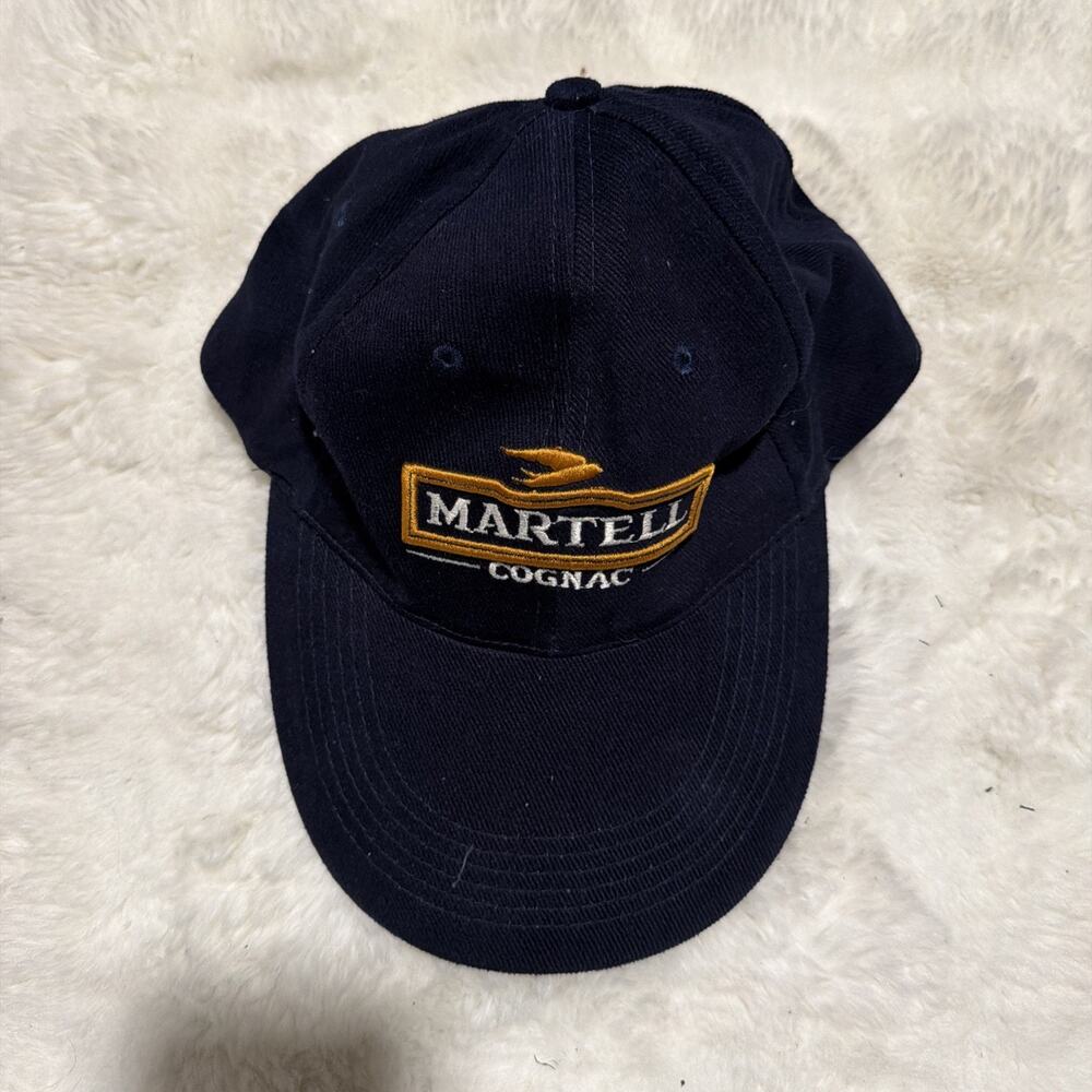 Vintage 90's Martell Cognac Liquor Strapback Long Bill Blue Hat Cap Embroidered